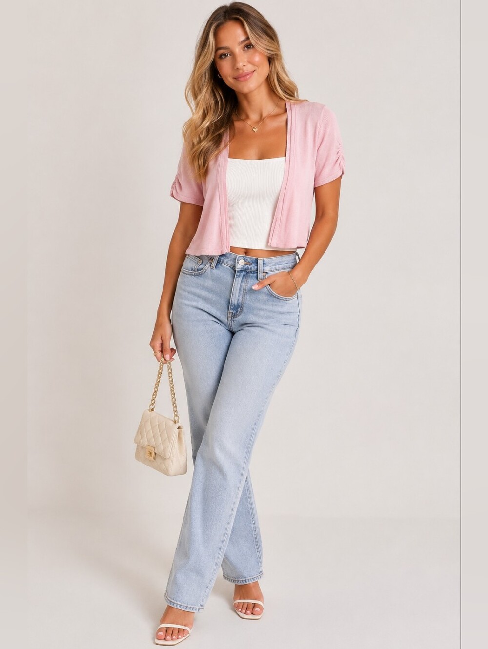 Cropped Pink Short-Sleeve Cardigan - Women's Lightweight Layer